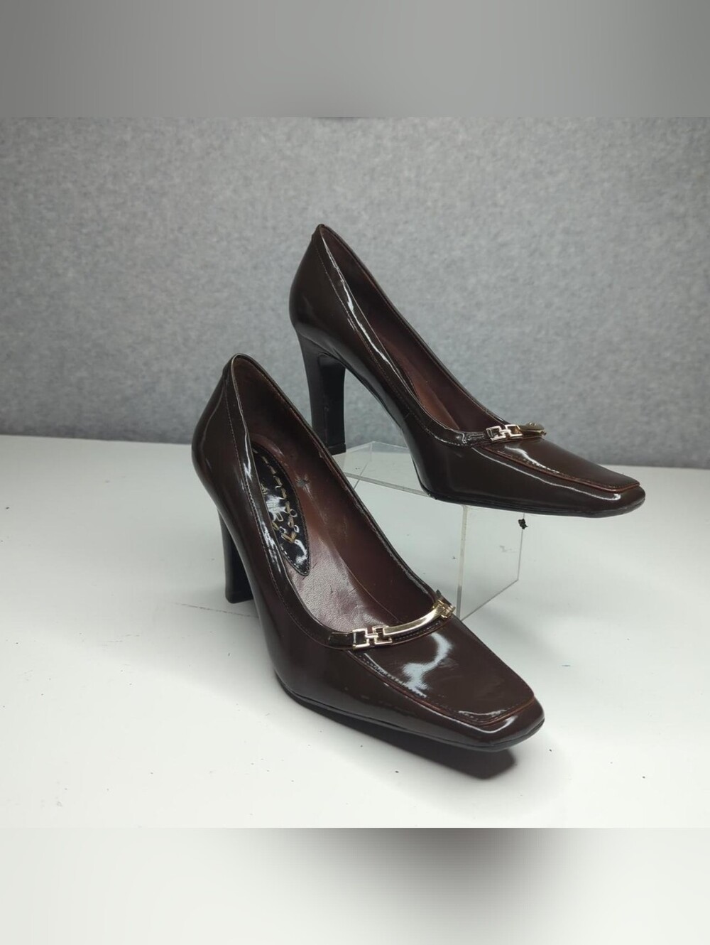 Bandolino Brown Patent Leather Square-Toe Heels with Gold Accent